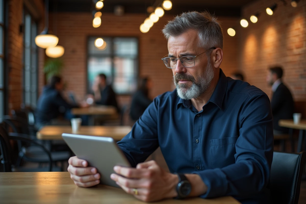 Enseignant consultant la messagerie académique ia87 depuis un café avec une tablette numérique