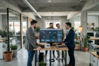 Équipe de consultants en cybersécurité en Occitanie travaillant ensemble autour d'un écran de supervision réseau