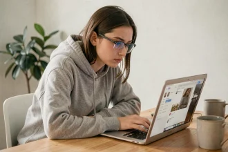 Femme naviguant anonymement sur un profil Instagram depuis son bureau à domicile sans créer de compte