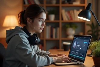 Jeune femme avec un casque audio devant un ordinateur portable affichant une interface de streaming musical pour convertir de la musique YouTube en MP3