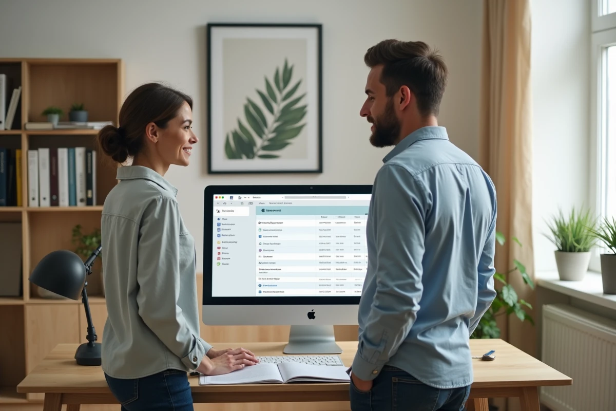 Couple gérant ensemble leurs documents administratifs sur un ordinateur avec une plateforme de gestion sécurisée de fichiers