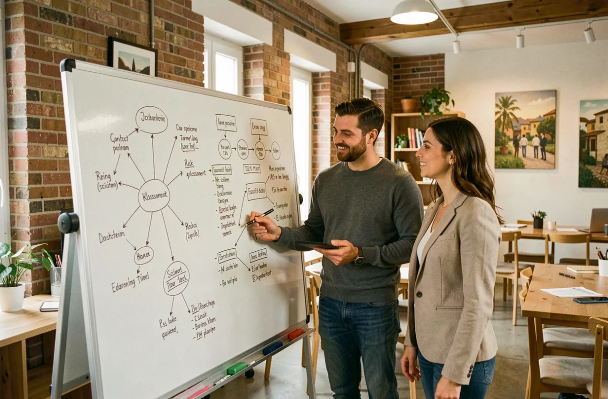 Deux consultants Cyber'Occ collaborant sur une analyse de risques au tableau blanc dans un espace de coworking en Occitanie