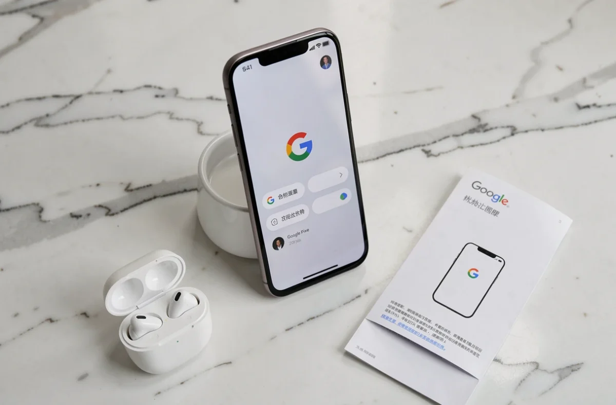 Google Pixel 6 posé sur marbre blanc affichant l'écran de configuration Android avec accessoires