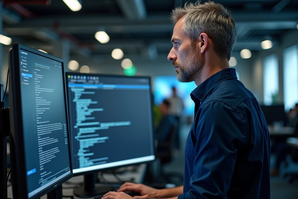 Technicien désinstallant proprement un logiciel via le panneau de configuration Windows dans un bureau informatique professionnel