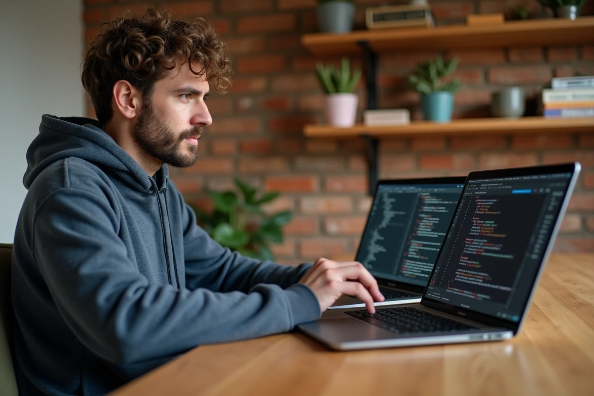 Développeur front-end travaillant sur une mise en page CSS flex-extend responsive depuis son bureau à domicile avec deux ordinateurs