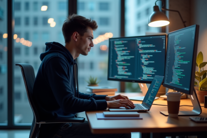 Jeune homme developpeur logiciel travaillant sur un laptop dans un bureau moderne