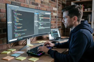 Développeur utilisant l'utilitaire Win RAR 64 bits sur Windows pour optimiser la compression de fichiers