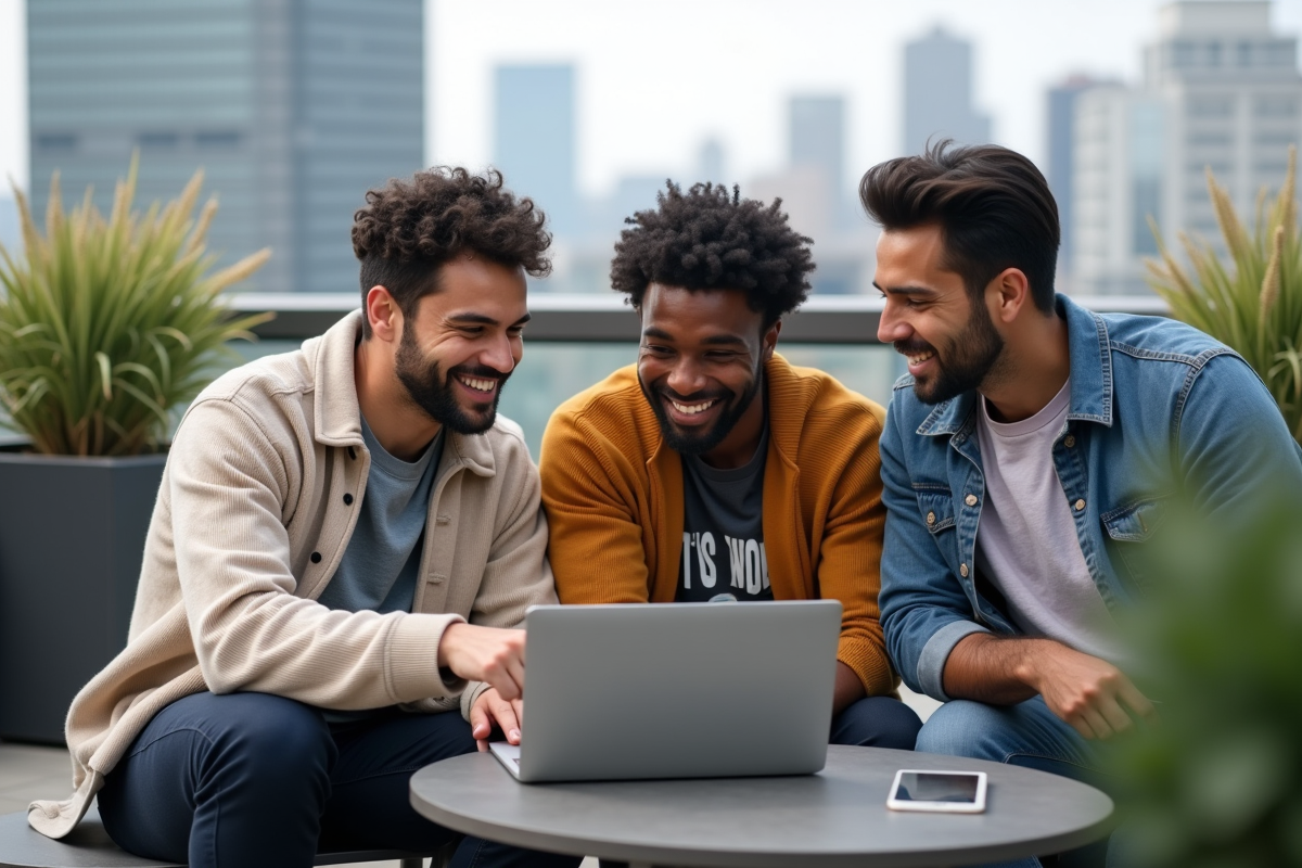 Groupe de développeurs discutant sur un toit en ville