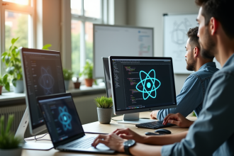 Deux développeurs travaillant sur des laptops avec logos React et Angular dans un bureau lumineux