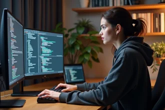 Développeuse Python concentrée devant son écran affichant la structure d'un module Python bien organisé dans un bureau moderne