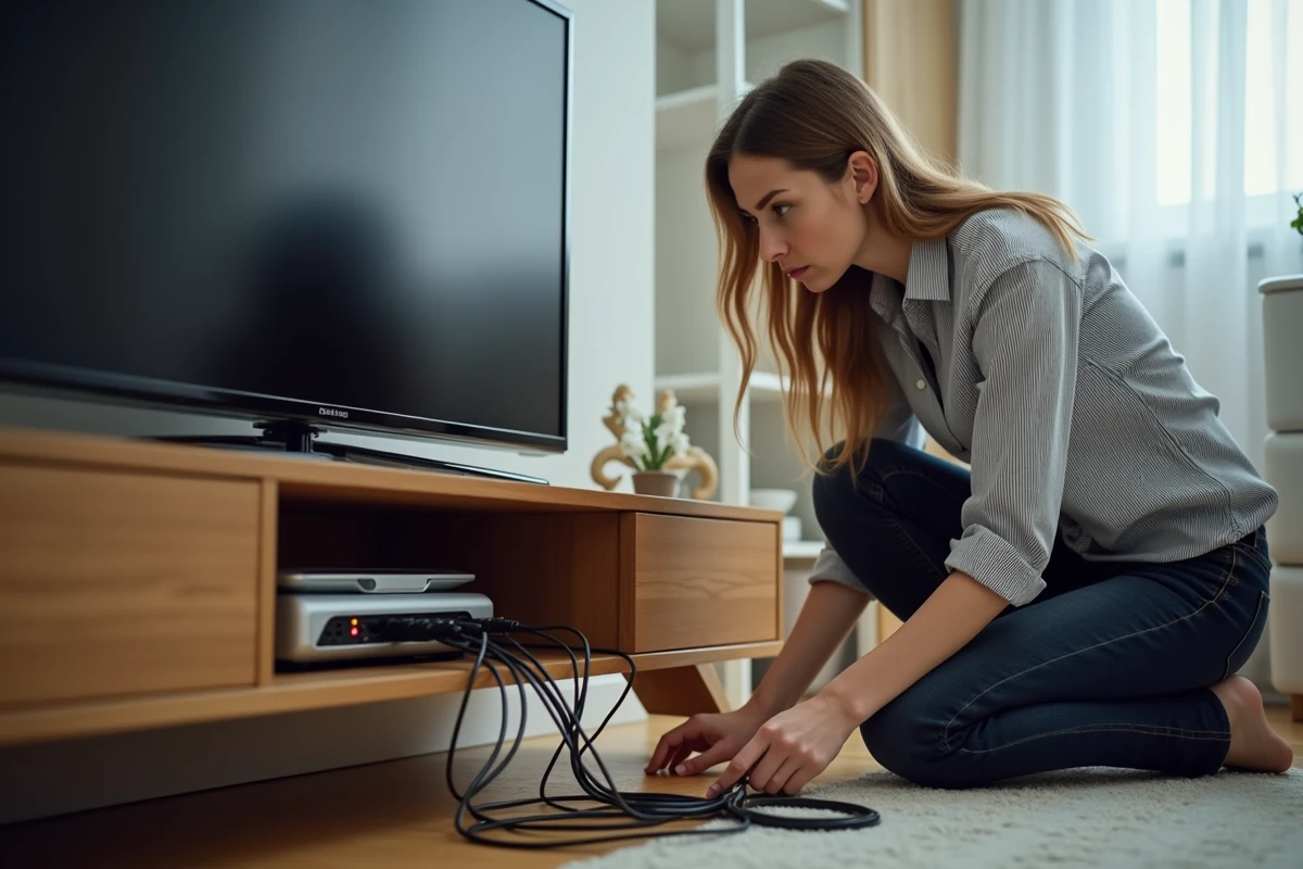 Femme inspectant les câbles et le routeur derrière un meuble TV pour diagnostiquer un problème de connexion réseau