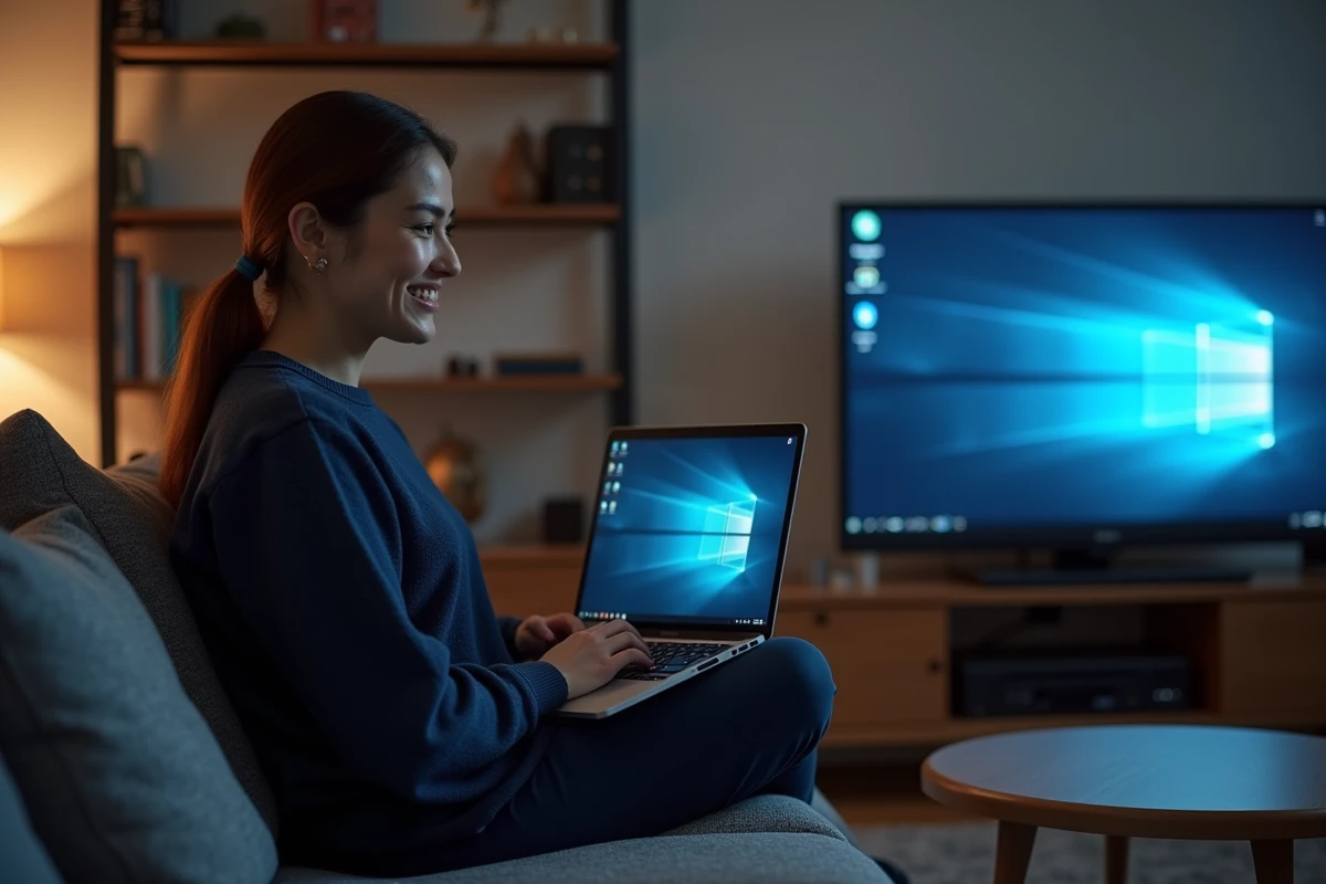 Femme diffusant l'écran de son PC sur un téléviseur via Chromecast depuis son canapé