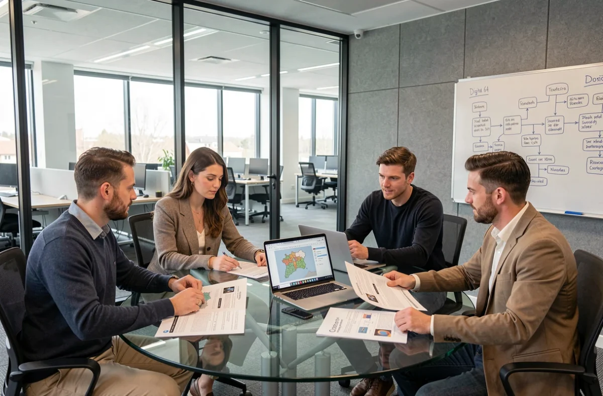 Équipe de l'agence Digital 64 en réunion de projet web autour d'une table en verre avec maquettes et cartes régionales
