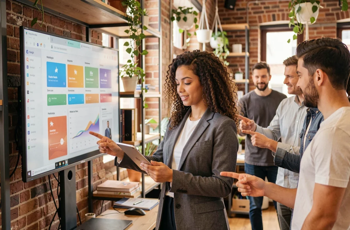 Équipe de l'agence Digital Unicorn révisant un prototype d'application mobile dans un loft parisien