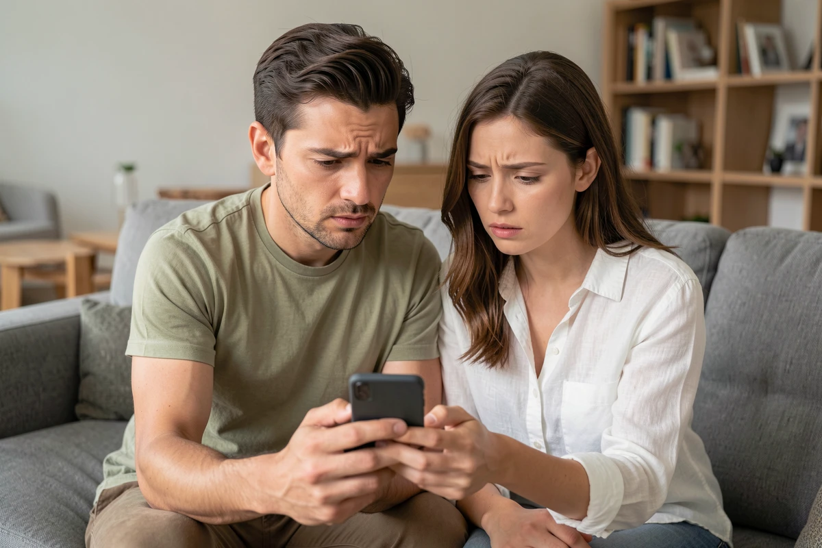 Deux personnes regardant ensemble un smartphone pour explorer des méthodes de consultation anonyme de stories Snapchat