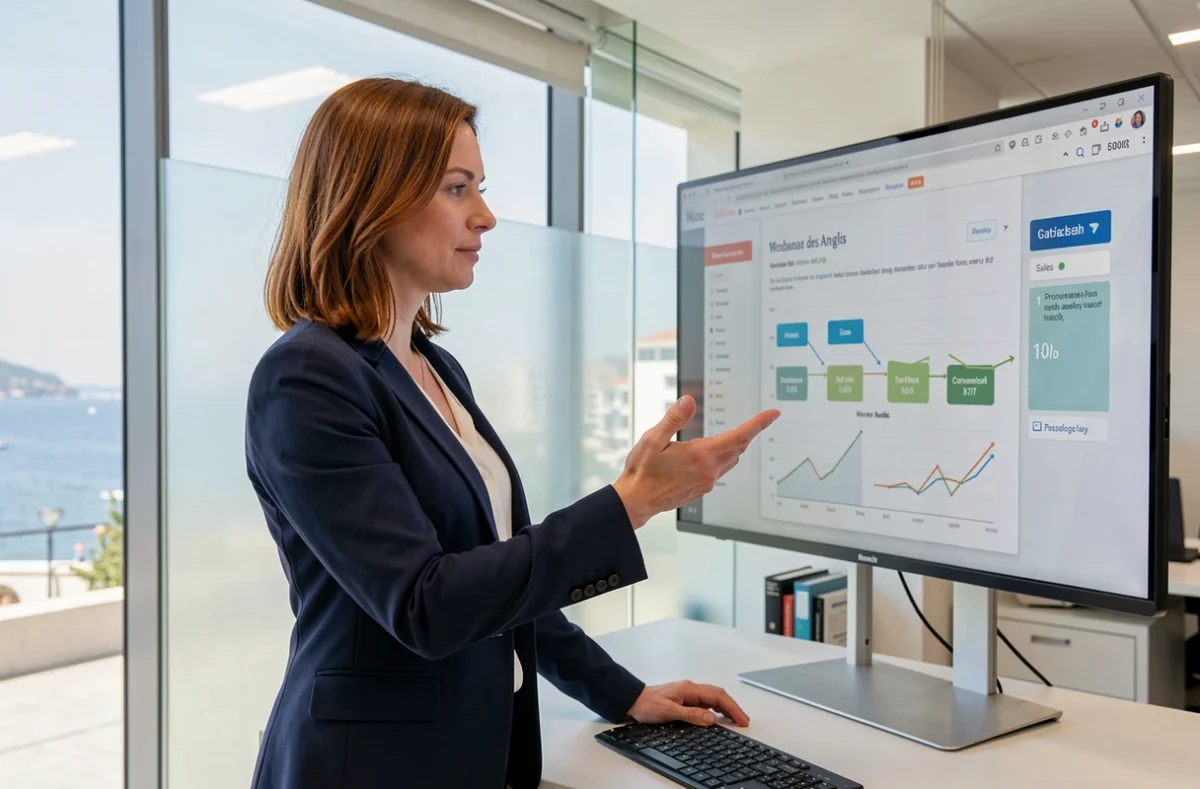 Consultante de l'agence Easyweb à Nice présentant un tunnel de vente WordPress sur un grand écran dans un bureau moderne