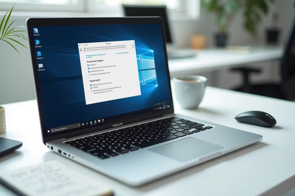 Gros plan sur un écran Windows affichant les paramètres de partage réseau et de pare-feu sur un bureau de bureau épuré