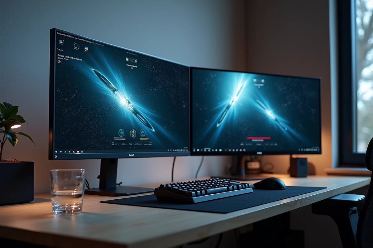 Deux écrans affichant Eve Online en configuration étendue 1080p 21/9 sous Windows 11