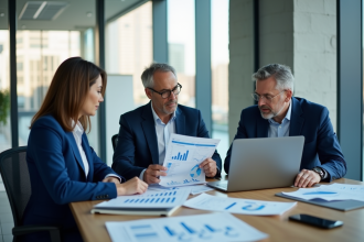 Equipe de professionnels analysant des données et graphiques