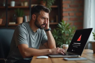 Homme frustré devant un écran d'ordinateur affichant une erreur de connexion dans un bureau à domicile moderne