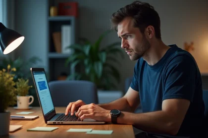 Un homme frustré regardant une erreur de connexion Windows sur son ordinateur portable dans un bureau à domicile