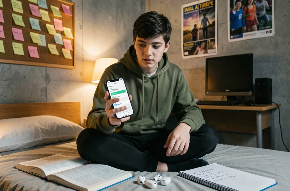 Adolescent consultant son smartphone pour comprendre la conversion Go en Mo dans une chambre d'étudiant