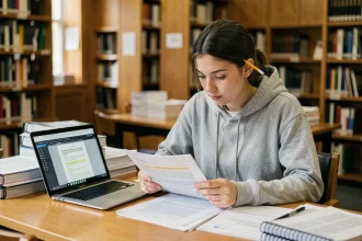 Étudiante scannant un polycopié de cours dans une bibliothèque universitaire avec un laptop affichant un PDF éditable