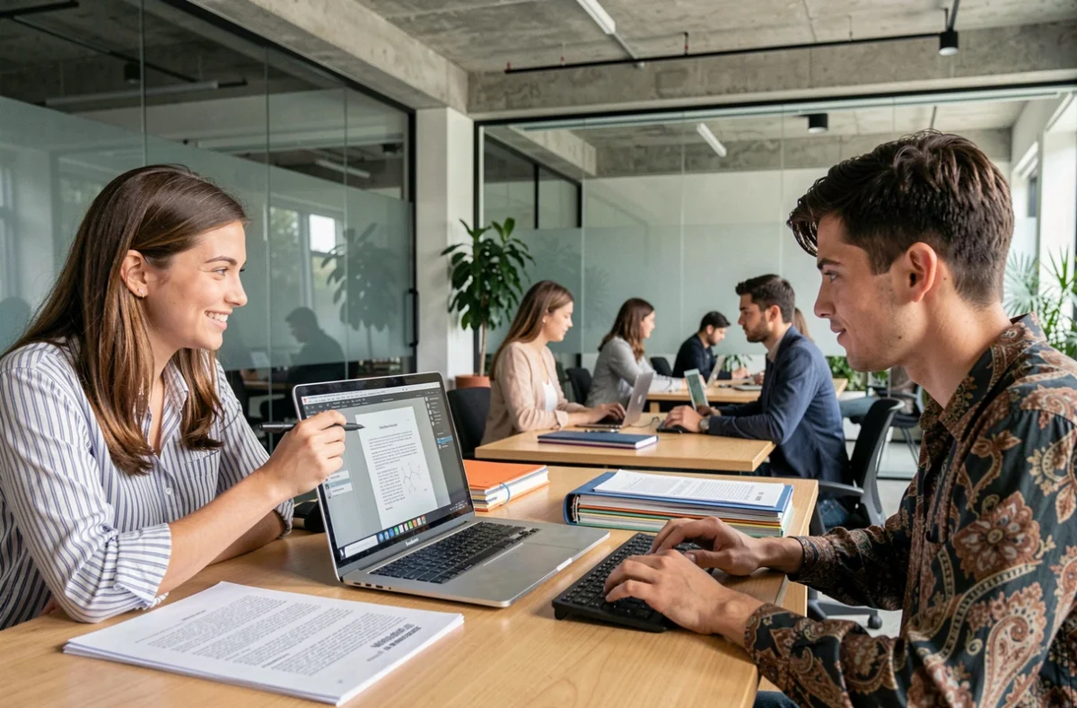 Deux étudiants collaborant sur un logiciel OCR pour rendre un polycopié de cours PDF entièrement éditable