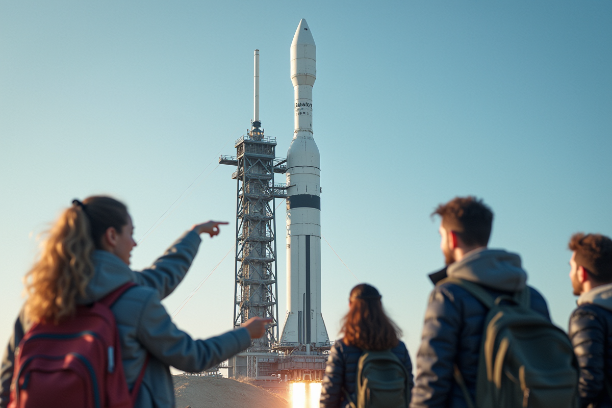 Groupe de passionnés devant la fusée Ariane 6 sur le site de lancement