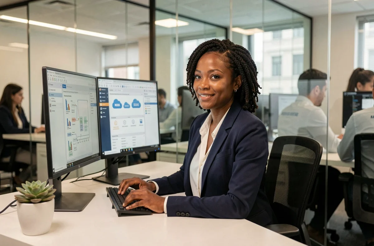 Professionnelle de FASEYA travaillant sur des logiciels de gestion informatique dans un bureau moderne avec cloisons en verre