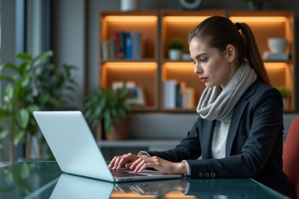 Jeune femme analysant des graphiques AI sur son ordinateur