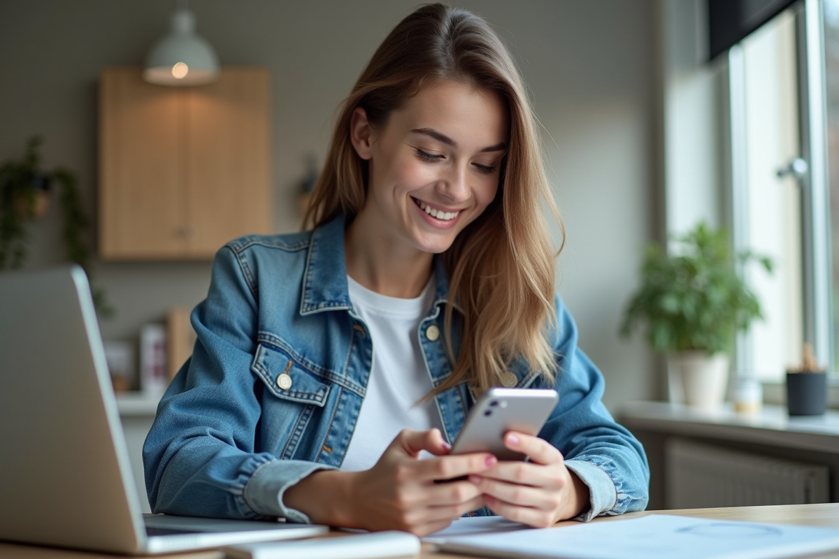 Jeune femme analysant des données sur smartphone dans un bureau moderne