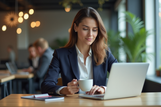 Jeune femme professionnelle analysant son écran d'ordinateur dans un bureau moderne