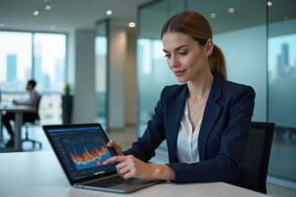 Femme professionnelle analysant des données marketing sur une tablette