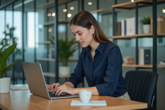 Jeune femme au bureau analysant un tableau de bord de données