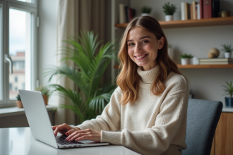 Jeune femme concentrée travaillant sur son ordinateur dans un bureau moderne