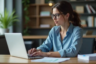Femme concentrée travaillant sur un ordinateur en bureau