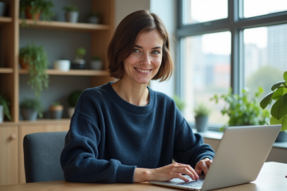 Femme au bureau moderne travaillant sur son ordinateur portable