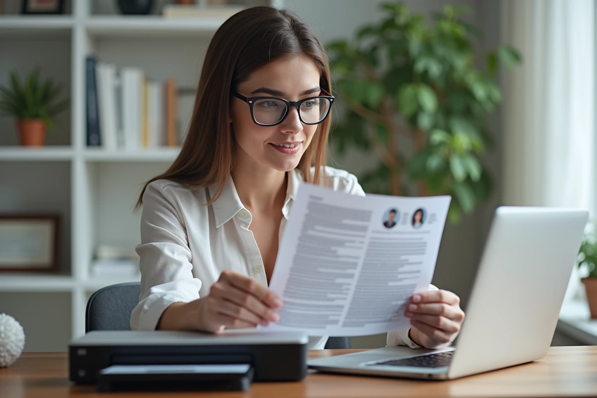 Femme au bureau moderne utilisant un scanner et un PDF
