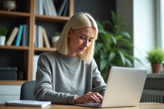 Femme d'âge moyen travaillant sur son ordinateur à la maison
