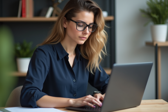 Femme en blouse navy créant un tableau de données sur un laptop