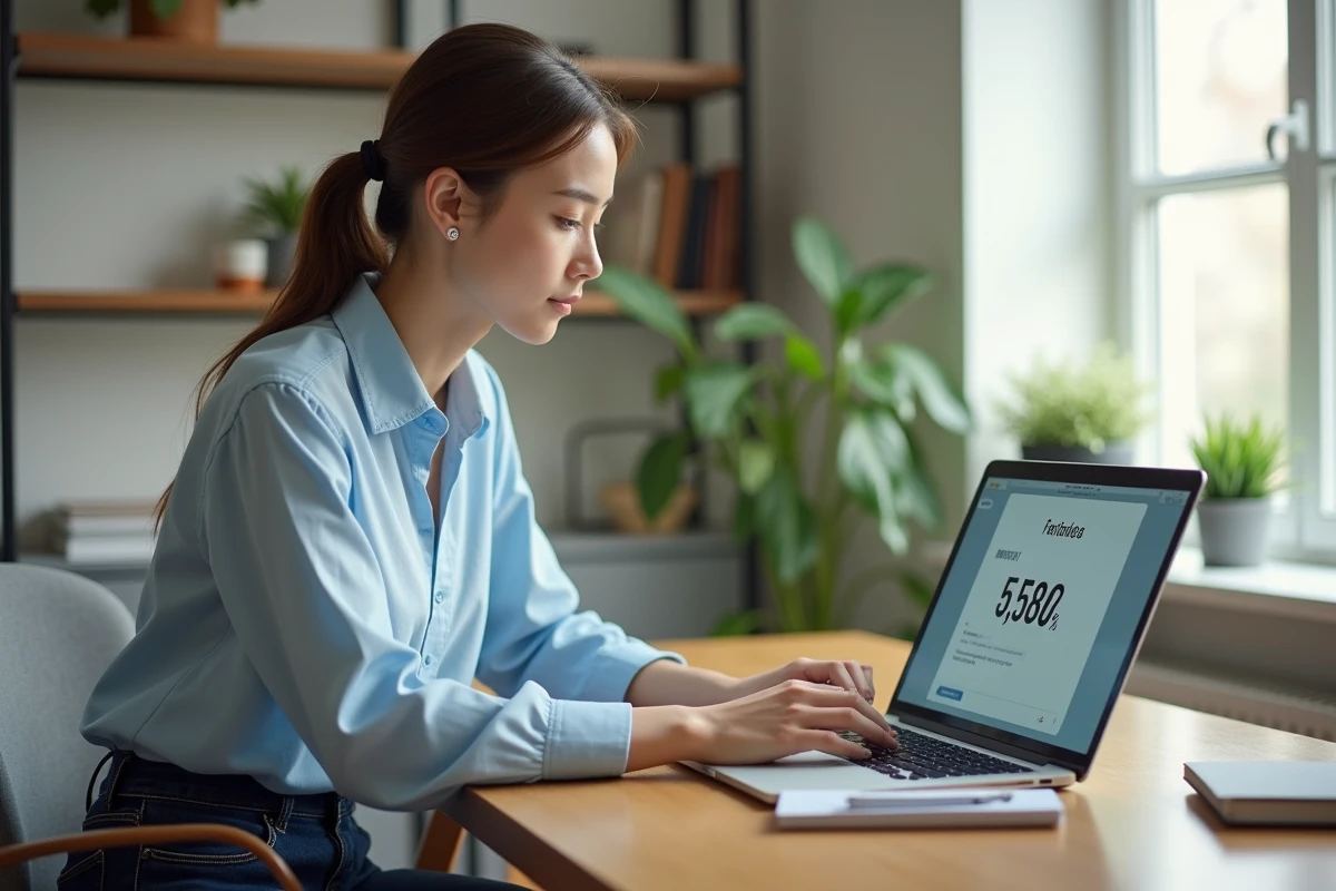 Jeune femme au bureau lumineux travaillant sur son ordinateur