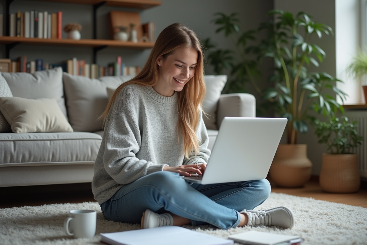 Jeune femme souriante utilise son ordinateur dans un salon cosy
