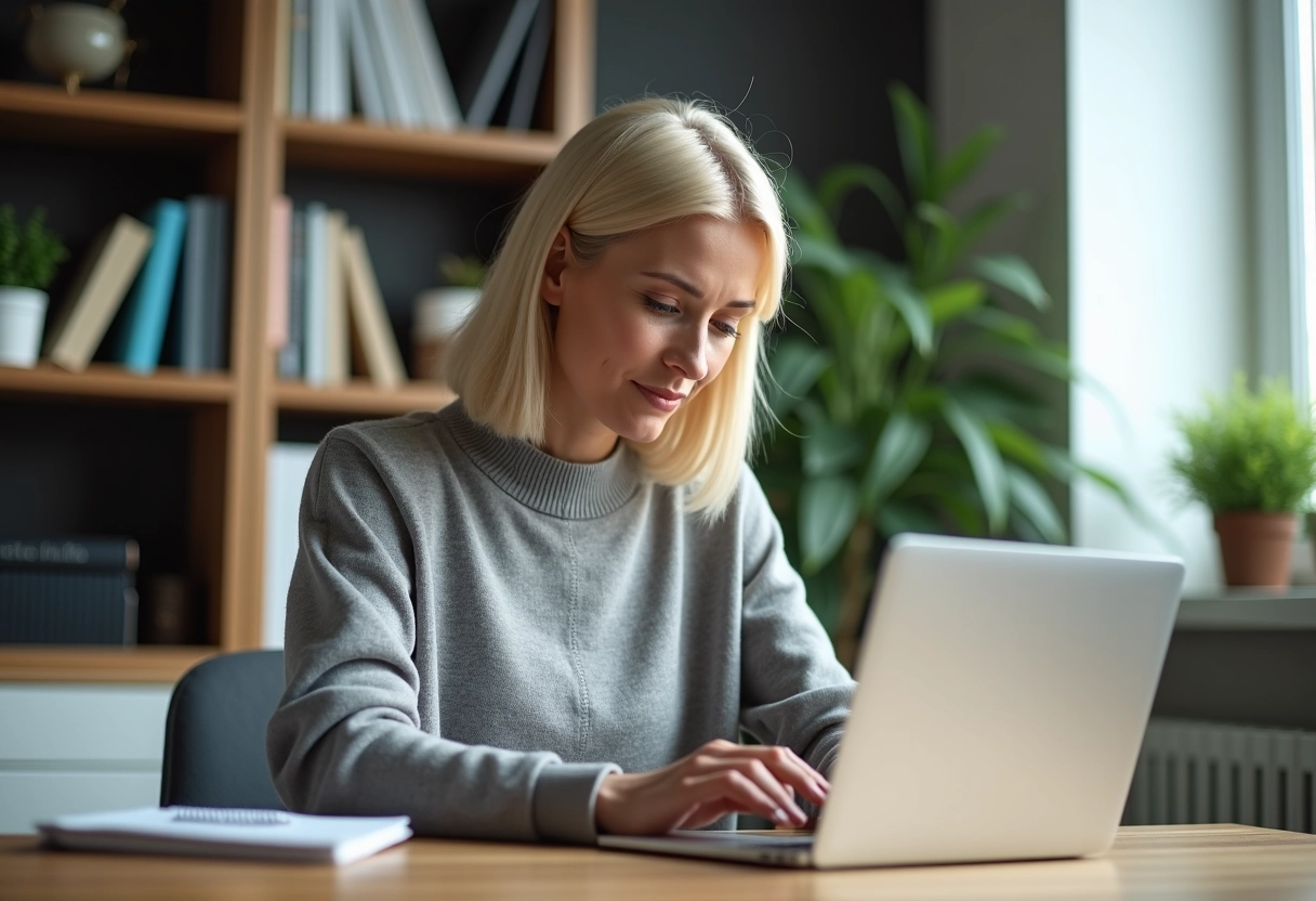 Jeune femme souriante utilise son ordinateur dans un salon cosy