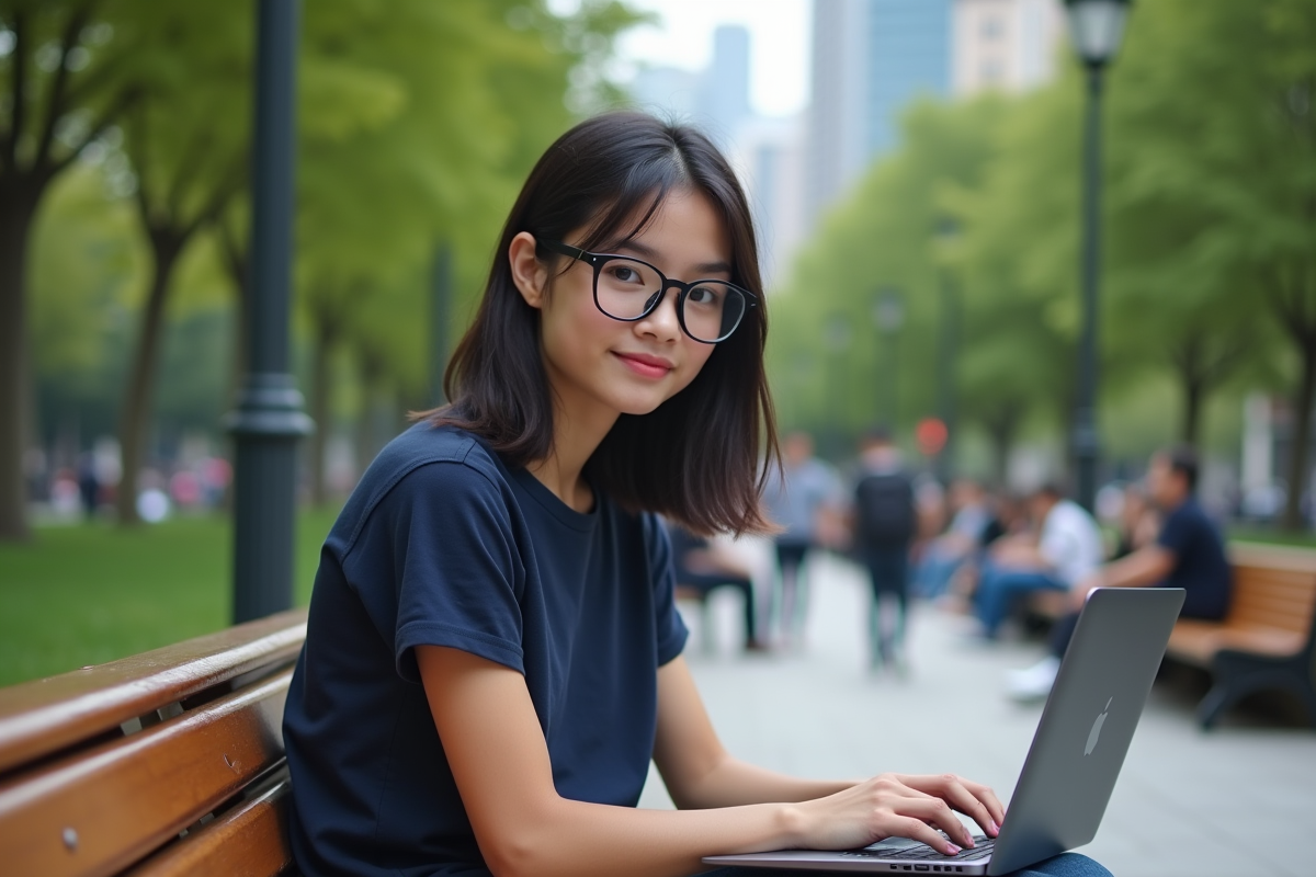 Femme travaillant sur son ordinateur dans un parc urbain