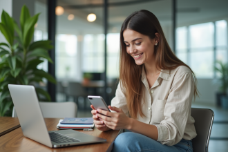 Jeune femme au bureau utilisant un smartphone