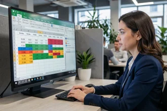 Femme en blazer analysant un tableau Excel avec des calculs de dates en jours ouvrés sur un écran de bureau