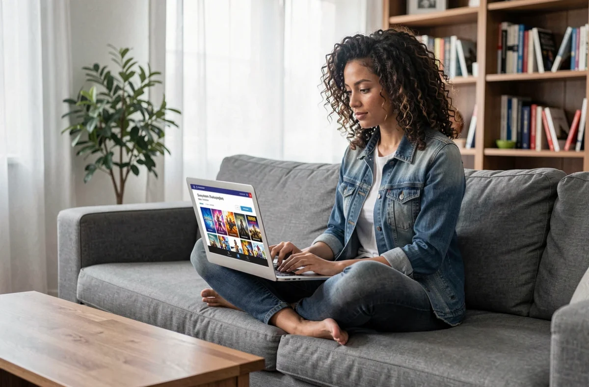 Femme consultant le catalogue de jeux gratuits du mois sur son ordinateur portable depuis son salon