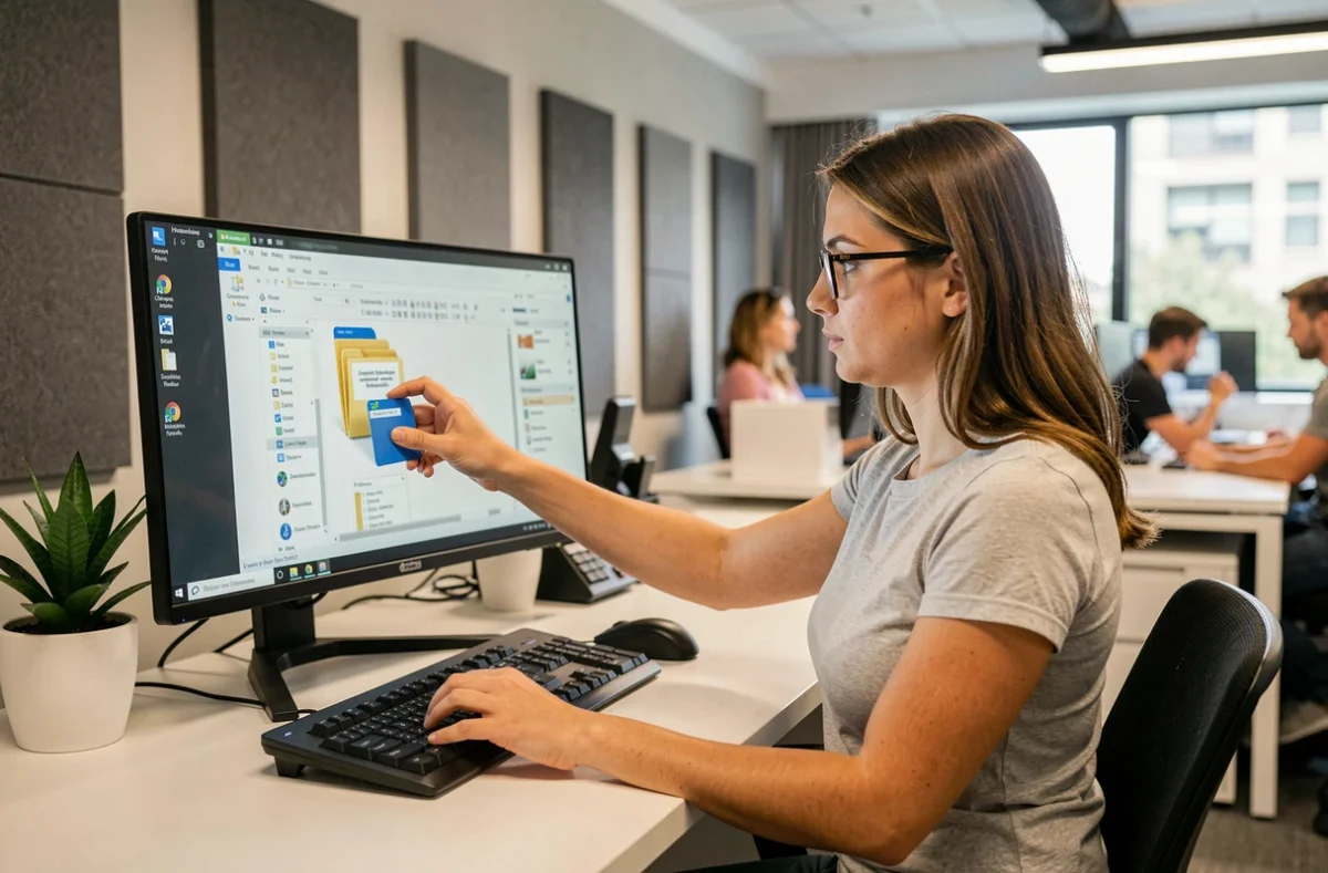 Femme compressant des fichiers volumineux avec un logiciel de compression 64 bits sous Windows en environnement professionnel