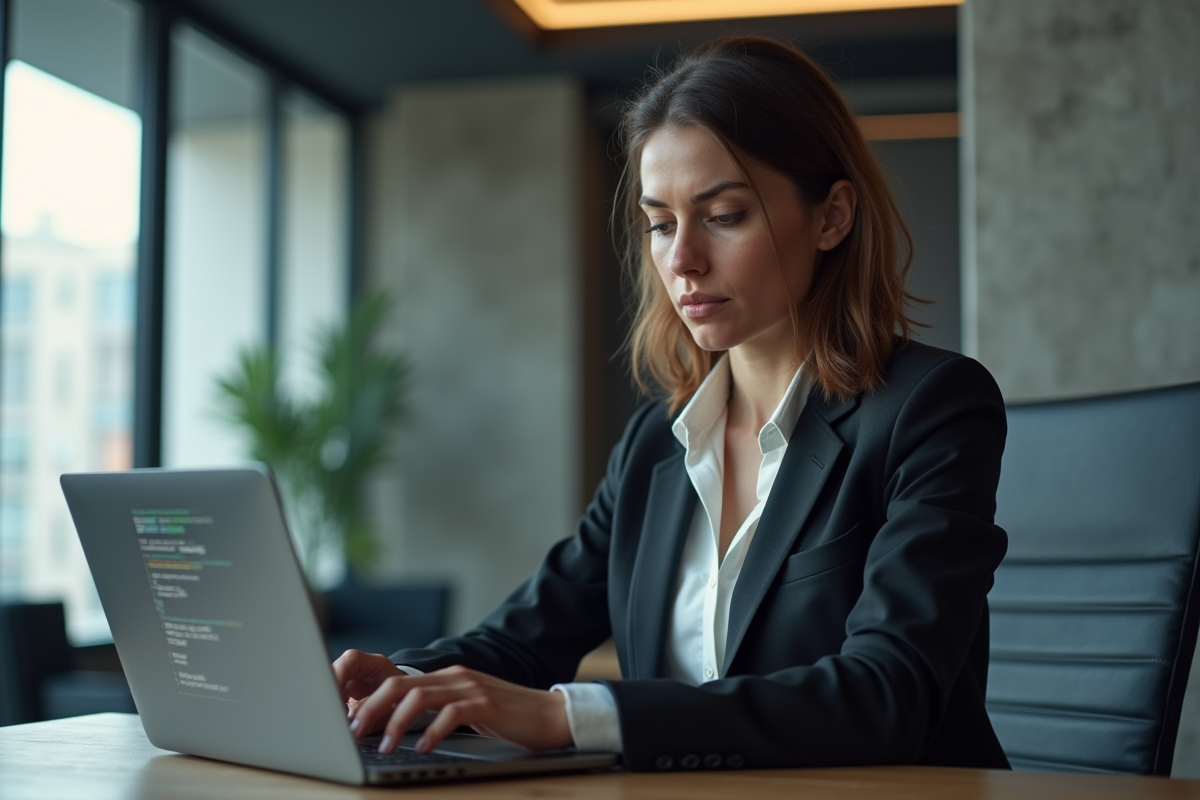 Femme concentrée travaillant sur un code blockchain sur son ordinateur